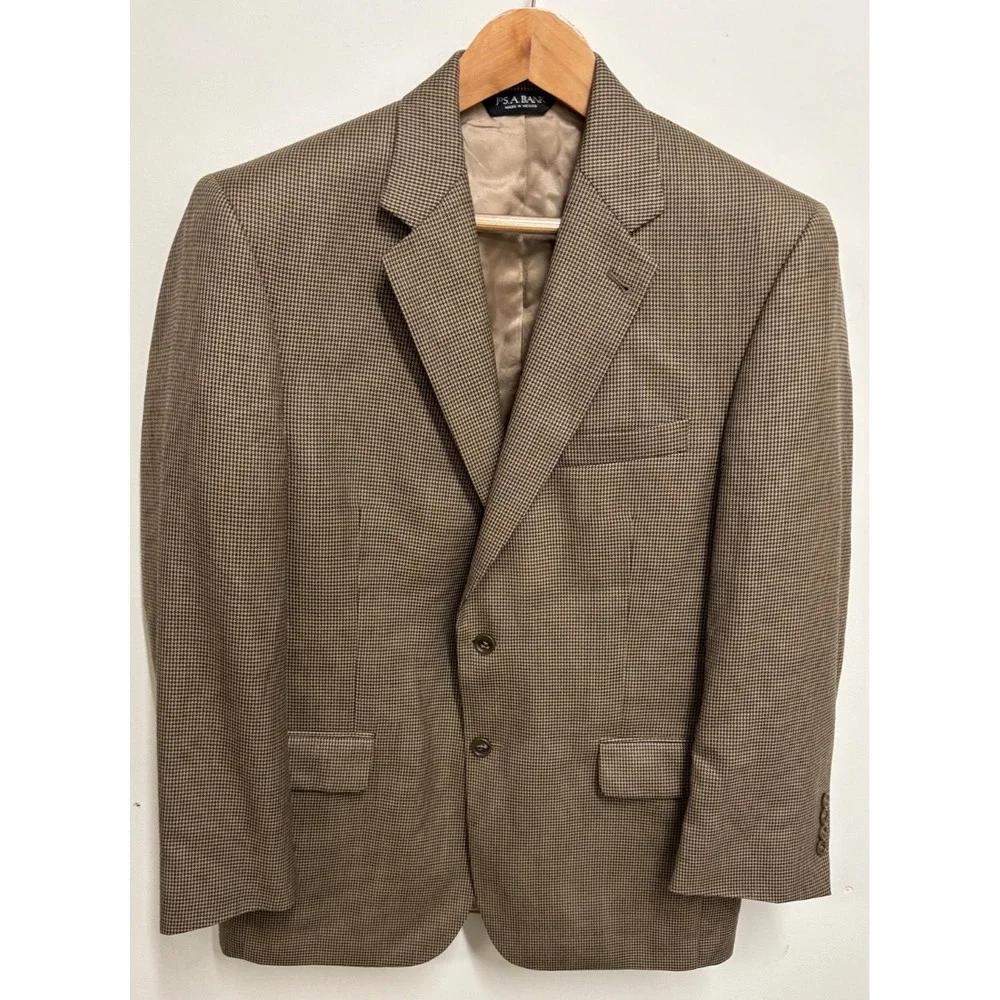 Jos A Bank Blazer Wool Silk Mens Sport Coat Brown Houndstooth Jacket 40 Short